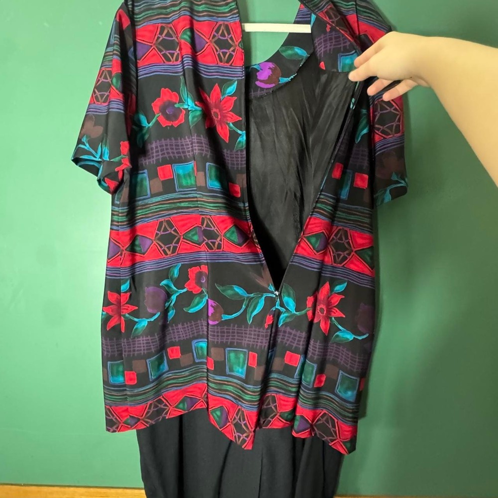 Vintage Kari's Korner 80s Plus Size Mod Geometric Floral Dress 18 Red Multi - Picture 6 of 6